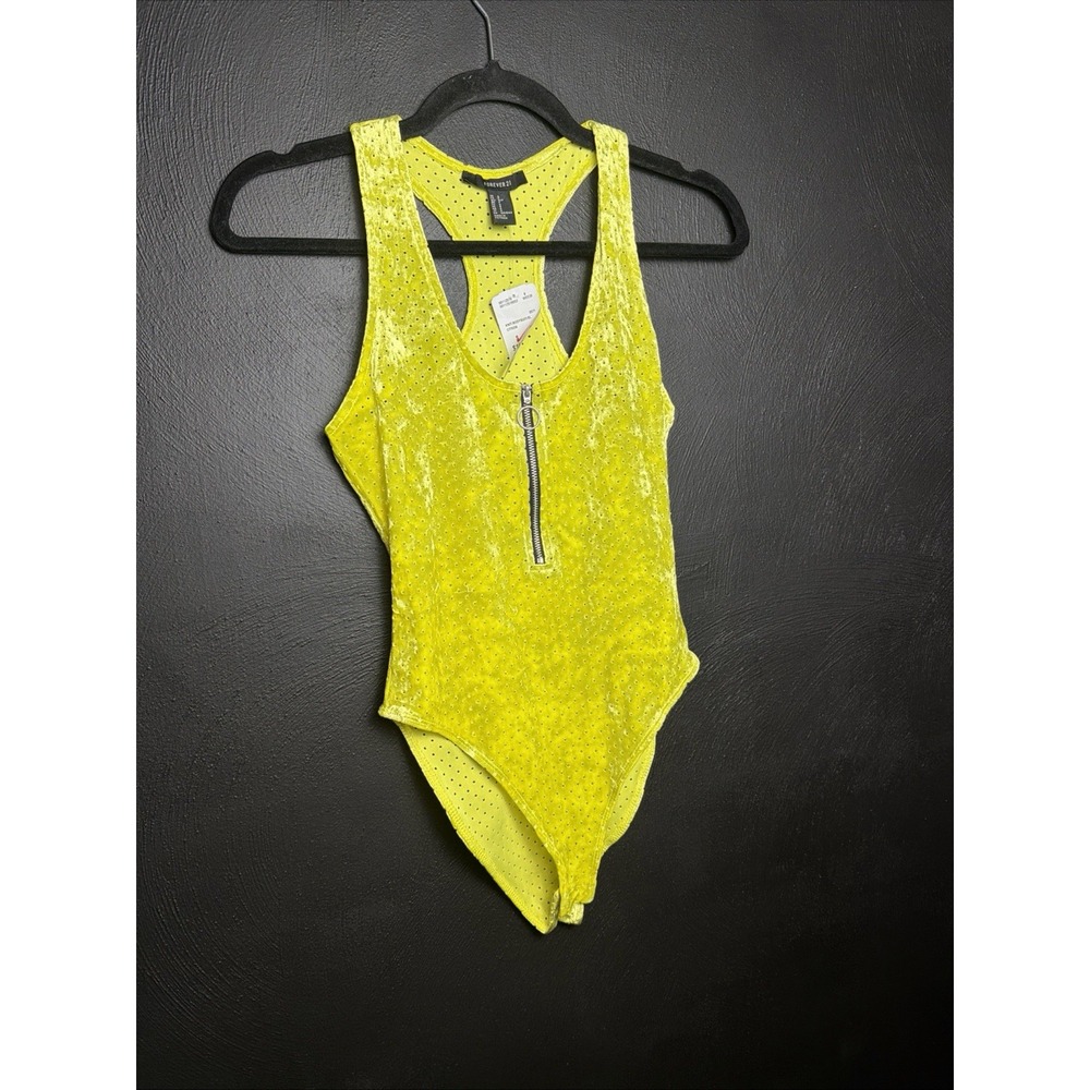 Forever 21 Yellow Polka Dot Zipper Bodysuit One Piece Stretch Size S